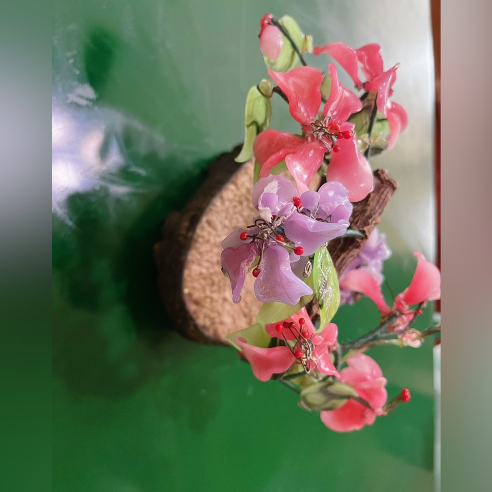 Vintage Blossom Bonsai Tree With Colorful Glass Flowers & Leaves